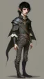 Placeholder: a teen elf. he has curly, black hair and sharp cheekbones. His eyes are black. He wears fantasy medieval clothes. he is lean and tall, with pale skin. full body with boots