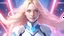 Placeholder: Wide shot of a beautiful blond smiling woman with long hair and cosmic clear blue eyes, with a white and gold and pink and blue crystalline uniform of galactic commander, luminous, high detail, digital painting, cinematic, stunning, sharp focus, high resolution 8k, octane render, insanely detailed, manga anime style