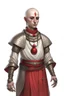 Placeholder: full length 22-year old, grey eyed, bald female human cleric with a necklace of red beads, wearing scale mail