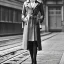 Placeholder: A beautiful slender well dressed young Russian transgender woman with short blonde hair and a black trench coat, waiting for a man at night at a train station in London