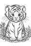 Placeholder: cute coloring page, sketch style, cute baby tiger in the jungle, cute cartoon, white and black, withe background, no shadows, outline.