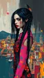 Placeholder: full body, wildly stylized abstract realist painting of a bold, audacious vampire girl with highly detailed long dark braided hair and facial features in the style of Jeremy Mann, her silhouette residing amidst bold, attention-grabbing abstract design that's defined by a wash of vibrant, saturated natural hues, juxtaposed against stark, surrealist medieval Spanish landscape of bustling colored cityscapes
