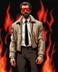 Placeholder: a young man with big muscles who looks like hans gruber wearing a heavy coat and red sunglasses staring with an irritated look on his face standing in front of a large fire