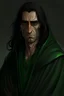 Placeholder: a man in his fourties, brown skin, long black hair, in a dark green robe, long slim face, green eyes, tired and ill, skinny, realistic epic fantasy stlye