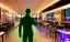 Placeholder: futuristic man in green suit, restaurant with purple lights, full of people, pointing a gun