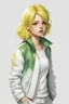 Placeholder: cute girl, white background , yellow green medium hair, looking at another point, illustration, wearing white leather jacket,