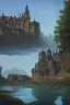 Placeholder: medieval gothic house built into a rock, lake, trees, arches, balconies, bridges, verandas, foliage, sunny blue sky