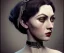 Placeholder: 1800s, witchy, pale, strong jawline, victorian, portrait, choker, black curly hair, thick eyebrows, full lips, big eyes, victorian dress, beautiful, silver tiara, hair headdress, metal beads