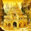 Placeholder: An orangish yellow palace with crystals, gems, and relics designed in cave paintings painted by Qiu Ying