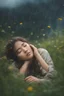 Placeholder: A girl lying in the middle of grass field while contemplating, detailed expression, heavy rain weather, the rain wet her face, the field is transformed into a dreamlike landscape straight out of a Studio Ghibli movie. The delicate details and vibrant colors make this a truly unique and captivating image. angle from below