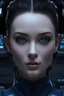 Placeholder: pale beautiful female, dark bun hair, wearing high tech blue navy officer outfit, sitting on high tech scifi chair, photorealistic, bokeh, on a spaceship, both arm resting on the chair