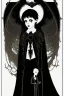 Placeholder: 7 year old boy, necromancer, friendly, looks dead,with a long lamprey emerging from his belly , wearing black robes, in the style of Harry Clarke