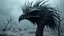Placeholder: close up weird crepy bird head, and far away Birds and trees in alternative surreal barren, dry, gloomy world, nightmare in abyss, deep vortex, black, gray, purple, brown, silver, dark red colors, surreal, weird dark fantasy, deep dark colors, sharp lines, crepy stunning, high detalied, weird, fog, shadows, realistic, surreal, highly detailed, melancholic thriller mood
