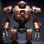 Placeholder: trash mech suit, human-sized, made of scrap metal, cockpit in chest cavity, light rust, round, one red glowing eye, loose wires, escape hatch