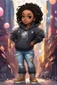 Placeholder: Create an colorful urban comic book illustration of a chibi cartoon black female thick curvy wearing a cut of grey hoodie and black jeans and timberland boots. Prominent make up with long lashes and hazel eyes. Highly detailed shiny sister locs. Background of a large bubbles all around her