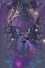 Placeholder: Deer, magic sparks around out her mind, beautiful colorfully flowers and star pattern on fur front facing dark smooth colors high contrast background, darkred and purple tones, symmetry, hyper detailed.