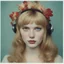Placeholder: 1960s Polaroid head shot of blond vlada roslyakova,she has freckles on her face, pouty lips, red nose, hair adorned with strange flowers, red cheeks and nose, headphone