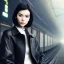 Placeholder: A beautiful slender well dressed young Asian woman with short black hair and a black trench coat, waiting for a man at night at a train station in London