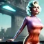 Placeholder: Realistic press image, retro sci-fi, portrait, waist up view, blonde woman, sweet Marylin Monroe face, perfect iris, glow eyes. tight latex tights suit. Retro Futuristic city, cars flying. epic style, vibrant color, highly detailed, unreal engine 5, ray tracing, RTX, lumen lighting, ultra detail, volumetric lighting, 3d, finely drawn, high definition, high resolution.