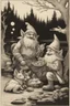 Placeholder: a gnome and a goblin eating in front of a fish fire with figure with fox mask behind, riverbank, night, moonlight,