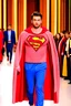 Placeholder: A guy on a fashion runway with Superman invernal clothes style embroidery without cape