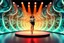 Placeholder: modern stage with a pretty lady in modern clothing dancing, 3D recursive fractal structure animating background