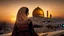 Placeholder: A Palestinian woman wearing an embroidered dress with the Dome of the Rock in front of her during sunset in winter.