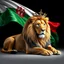 Placeholder: Create A hyper-realistic highly detailed image of a majestic lion lying down, wearing a royal crown. The lion's fur should be rich and textured, with a regal and powerful presence. Behind the lion, the flag of the Republic of Bulgaria waves gracefully, its white, green, and red colors vivid and well-defined. The background should be an elegant, deep black, creating a striking contrast that enhances the grandeur of the lion and the flag. The lighting should be dramatic, with