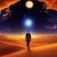 Placeholder: There is man in night on a desert looking at Sky , in sky ther is a fish which swimming around