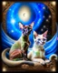 Placeholder: An airbrushed oil watercolor painting depicts an Oriental Shorthair Siamese cat with striking blue eyes and a fluffy tail, radiating a gentle halo above its head. Beside the cat sits a mature woman with silver half-long hair, styled in soft waves, gazing serenely forward from a comfortable armchair. Beneath them, elegant script reads "I will look at the stars every night hoping I will find you there". The background features a warm, soft-focus depiction of a night sky filled with twinkling stars