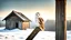 Placeholder: a barn owl sitting an old ruined hut's rooftop and looking to te camera, over a winter landscacpe with european forest , little light, sunrise, high detailed, sharp focuses, photorealistic, perspective, cinematic