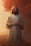 Placeholder: Jesus portrait at dawn by atey ghailan, golden light , white robe, volumetric light, high detail, red leaf tree, mountains in backround, perfect