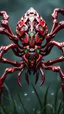 Placeholder: A dynamic front view showcasing the fusion of iron elements, depicting a fully red bones-spider , Its intricate mechanisms are driven by interlocking blade and complex mechanical blade embedded throughout its glass frame. mist-grass eating leaf
