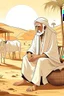 Placeholder: Old man, Arab, turban, white clothes, cattle, desert, council, sun, palm trees, mud houses, holding a stick, looking forward, a very slight smile.cartoon,Sitting on a chair,long beard