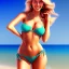 Placeholder: retrato de mujer guapa voluptuosa rubia en playa en bikini cuerpo entero sonriendo