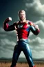 Placeholder: retro portrait image from 1960, sky background, wind, extra long blonde hair, fighting stance, young Chris Hemsworth, clean shave face, black dress, classic long tight lycra black suit, 2 steel disc in busty, big red cap, silver arms, gold bracelet and belt, high boots, soft color, highly detailed, classic comic Thor style, unreal engine 5, ray tracing, RTX, lumen lighting, ultra detail, volumetric lighting, 3d, finely drawn, high definition, high resolution.