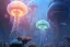 Placeholder: bioluminescent cyberpunk jellyfish, deep sea diver, extreme light, distant cyberpunk atlantis, organic, bio domes, coral, deep ocean, robotic, mariana trench midnight zone, bubbles, hyper realistic, hyper detailed, digital art, trending in artstation, studio quality, photorealistic, photo, by jesper ejsing, wlop, paul lehr