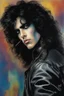 Placeholder: text "KISS" - facial portrait with makeup - 20-year-old Paul Stanley with long, wavy curly black 1980's style big hair, wearing a black leather jacket, extremely colorful, multicolored watercolor stained wall in the background - in the art style of Boris Vallejo, Frank Frazetta, Julie bell, Caravaggio, Rembrandt, Michelangelo, Picasso, Gilbert Stuart, Gerald Brom, Thomas Kinkade, Neal Adams - explosions, flames, fog, clouds, dust,