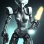 Placeholder: 40K robot girl with chainsaw as a hand, brutal warr, scify, dark , flames