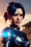 Placeholder: Middle age female Cyborg anime warrior, dark blue hair, greying hair, ponytail hairstyle, orange eyes, waist up portrait, 4k resolution, intricate details, ornate details, soft lighting, vibrant colors, retroanime, masterpiece, intricate eyeliner, dark eyeshadow, futuristic cityscape background