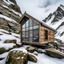 Placeholder: Hut out of wood, glass and rocks with special architecture. On a snowy, mountainous landscape