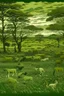 Placeholder: An olive green savanna filled with animals painted by Claude Monet