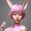 Placeholder: Asian woman, leaning pose, rabbit mask, pink short hair, latex suit, highly detailed,