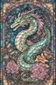 Placeholder: stained glass window design of an overwhelmingly dragon framed with vector flowers, long shiny, wavy flowing hair, polished, ultra-detailed vector floral illustration mixed with hyper realism, muted pastel colours, vector floral details in the background, muted colours, hyper-detailed ultra intricate overwhelming realism in a detailed complex scene with magical fantasy atmosphere, no signature, no watermark