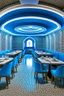 Placeholder: A restaurant with the outer shape of the walls in blue and a white floor. It contains one table in the middle of the restaurant, and the walls are oval in shape, containing 30 chairs.