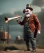 Placeholder: mechanoid old friendly fat clown with trimmed beard playing jazz with a steampunk theme, trumpet, realistic