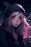 Placeholder: messy hair. white hair, anime, girl, magenta eyes, dark night, dark sky, black beanie