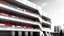 Placeholder: Estructura laberíntica de concreto blanco atravesada por líneas horizontales repetitivas, fachadas lisas interrumpidas por huecos negros mínimos, partes del edificio evaporándose en partículas y humo, arquitectura como objeto escultórico abstracto más que habitable, iluminación fría de atardecer reflejada sobre superficies pulidas, monocromía blanca y gris con un único acento rojo intenso, estética render cinematográfico mezclado con erosión pictórica