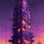 Placeholder: The tall tower with network cyberpunk comics style, with orange and purple