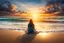 Placeholder: A woman is sitting on the beach near the ocean, with the waves soothing backdrop, peaceful and relaxing atmosphere, sunset, detalied, high textures, photorealistic